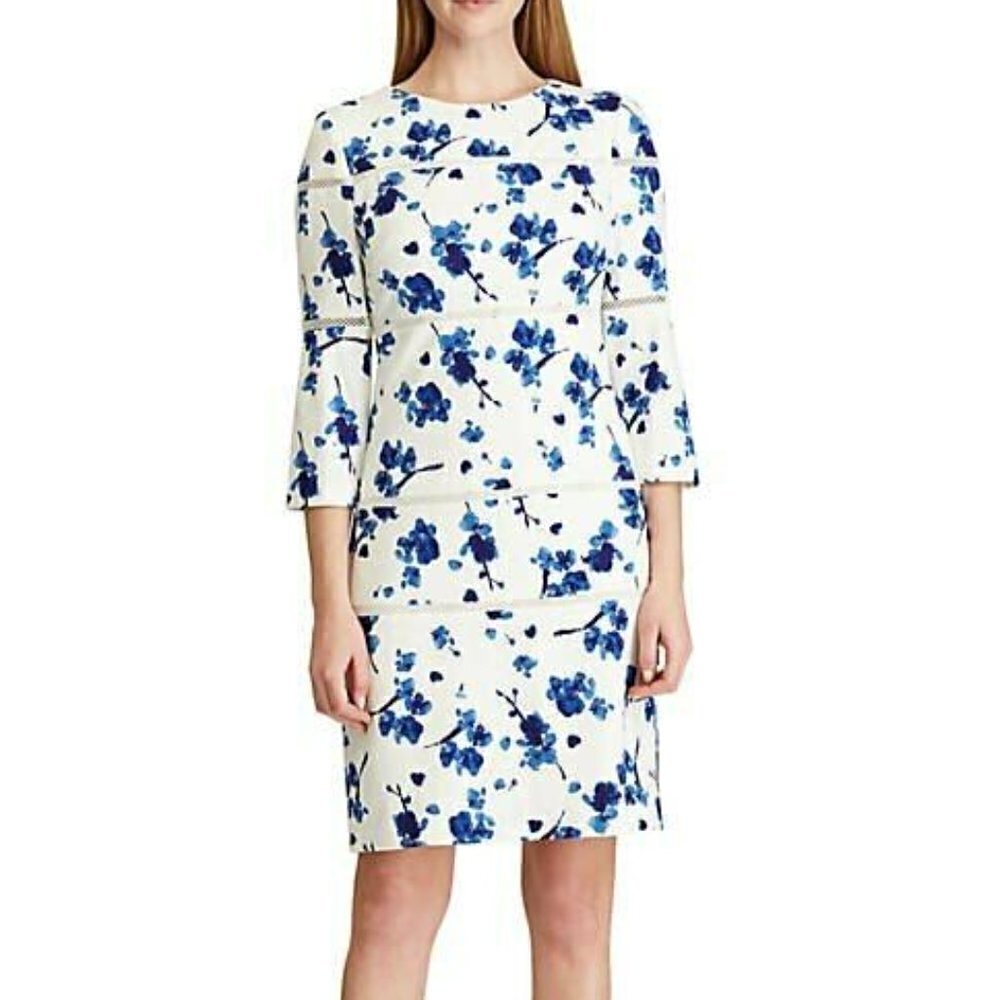 Ralph Lauren Floral Dress Women's Size 2 Blue White Lace Trim Wedding Guest